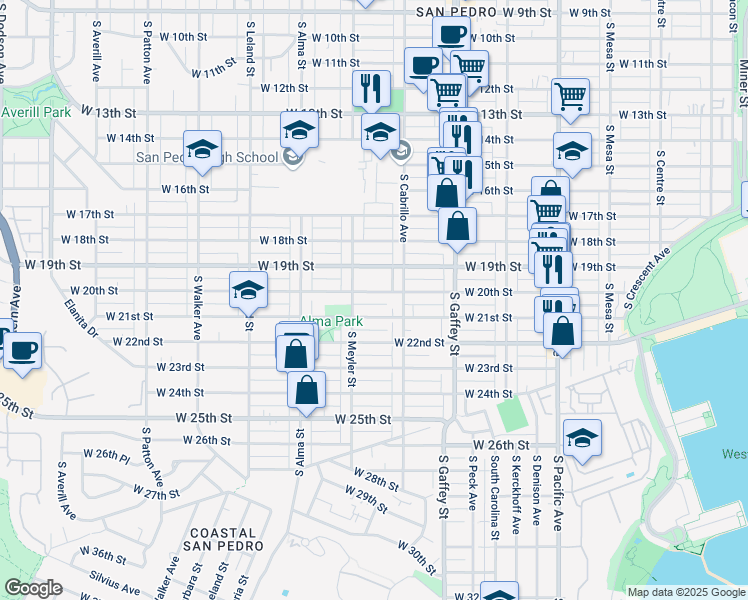 map of restaurants, bars, coffee shops, grocery stores, and more near 855 West 20th Street in Los Angeles