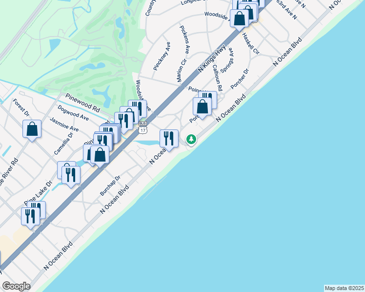 map of restaurants, bars, coffee shops, grocery stores, and more near 5404 North Ocean Boulevard in Myrtle Beach