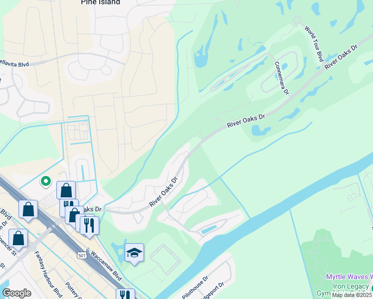 map of restaurants, bars, coffee shops, grocery stores, and more near 597 River Oaks Drive in Myrtle Beach