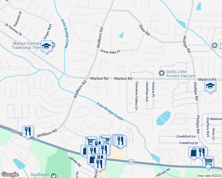 map of restaurants, bars, coffee shops, grocery stores, and more near 2150 Tiffany Trail in Lithonia