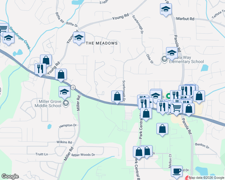 map of restaurants, bars, coffee shops, grocery stores, and more near 5175 Scarbrough Lane in Stone Mountain