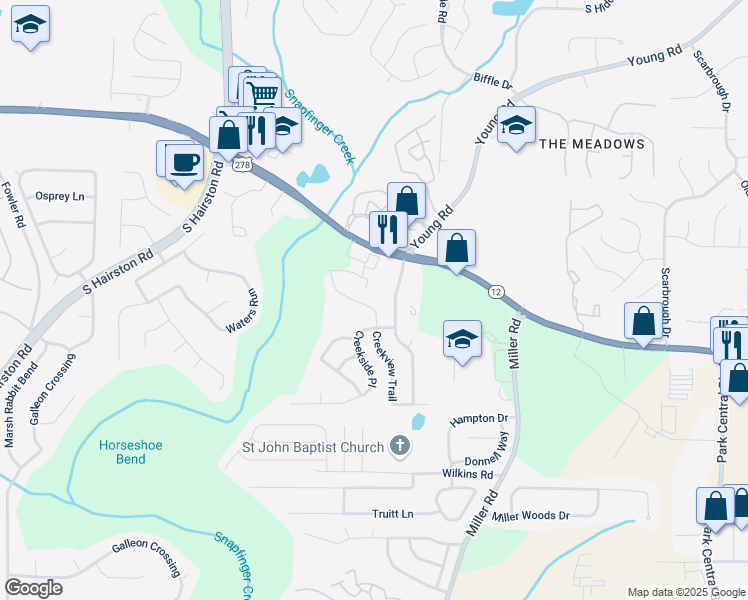 map of restaurants, bars, coffee shops, grocery stores, and more near 2160 Creekview Trail in Decatur