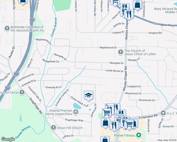 map of restaurants, bars, coffee shops, grocery stores, and more near 2244 Leslie Brook Drive in Decatur