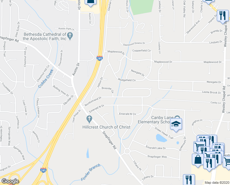 map of restaurants, bars, coffee shops, grocery stores, and more near 3918 Bressler Circle in Decatur