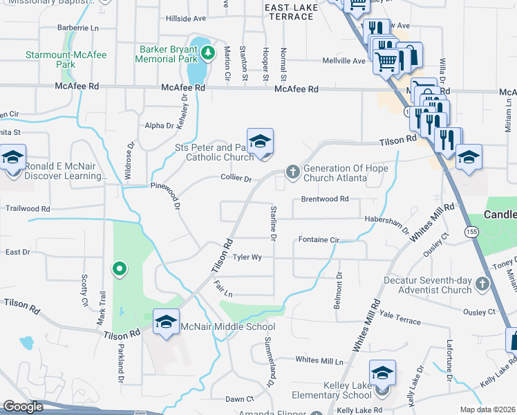 map of restaurants, bars, coffee shops, grocery stores, and more near in Candler-McAfee