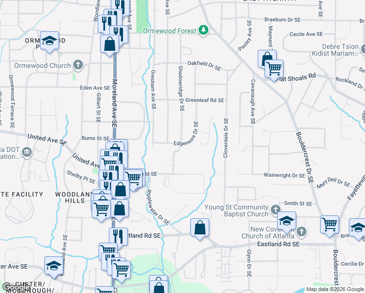 map of restaurants, bars, coffee shops, grocery stores, and more near 2218 Edgemore Drive Southeast in Atlanta
