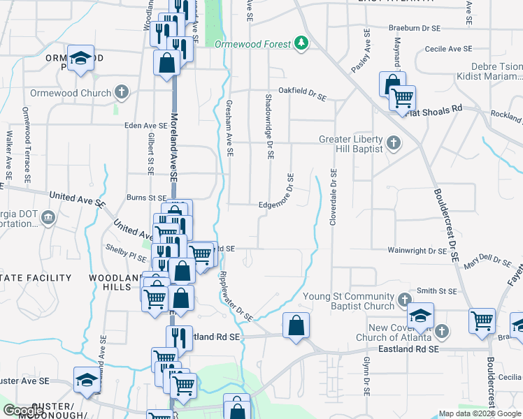 map of restaurants, bars, coffee shops, grocery stores, and more near 2215 Edgemore Drive Southeast in Atlanta
