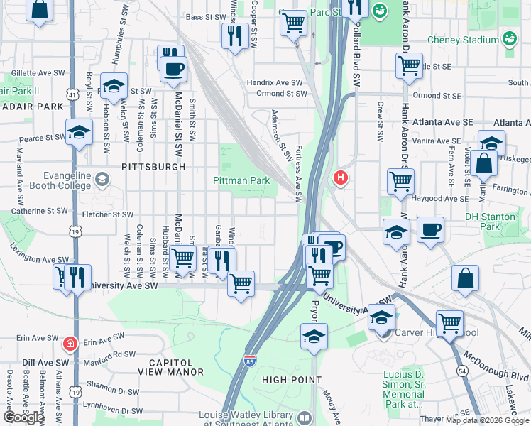 map of restaurants, bars, coffee shops, grocery stores, and more near 1049 West Avenue Southwest in Atlanta