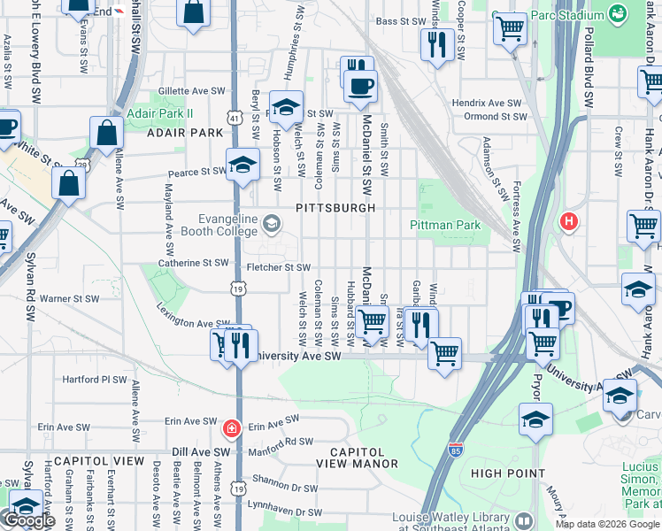 map of restaurants, bars, coffee shops, grocery stores, and more near 1059 Sims Street Southwest in Atlanta