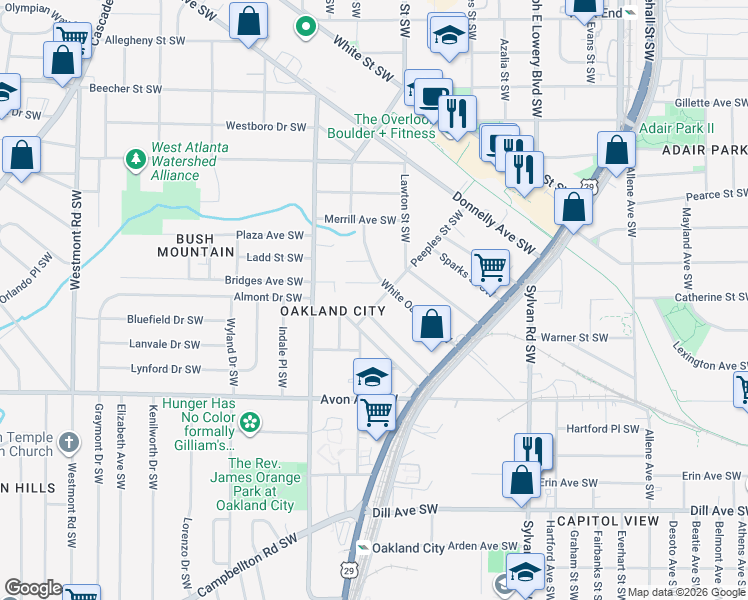 map of restaurants, bars, coffee shops, grocery stores, and more near 1073 Peeples Street Southwest in Atlanta
