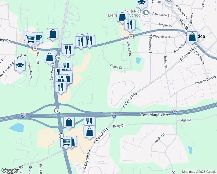 map of restaurants, bars, coffee shops, grocery stores, and more near 211 Berkley Drive in Villa Rica