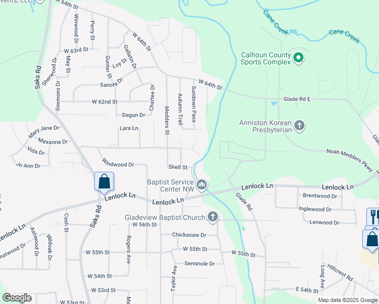 map of restaurants, bars, coffee shops, grocery stores, and more near 214 Maxanna Drive in Anniston