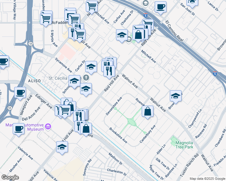 map of restaurants, bars, coffee shops, grocery stores, and more near 14632 Westfall Road in Tustin