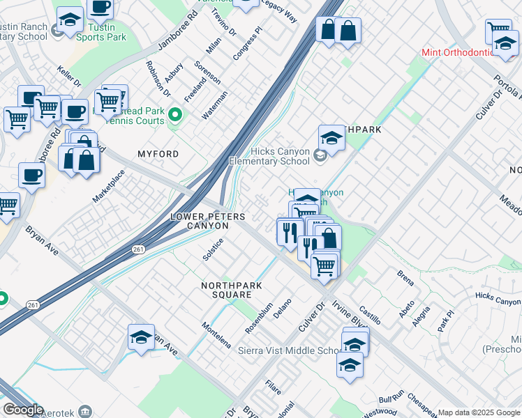 map of restaurants, bars, coffee shops, grocery stores, and more near Estancia in Irvine