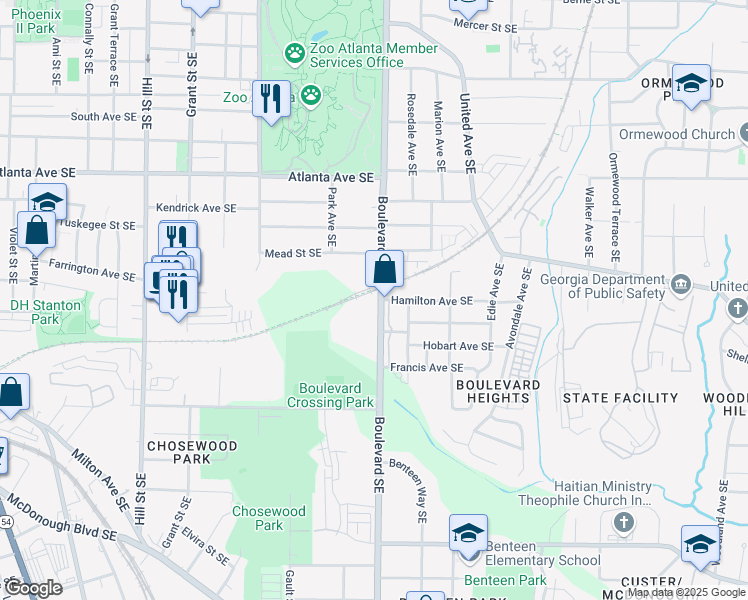 map of restaurants, bars, coffee shops, grocery stores, and more near 1049 Boulevard Southeast in Atlanta
