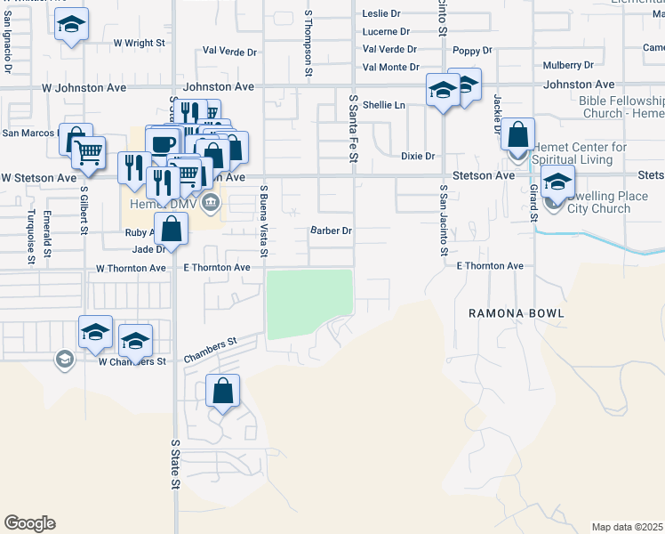 map of restaurants, bars, coffee shops, grocery stores, and more near 725 Thornton Avenue in Hemet