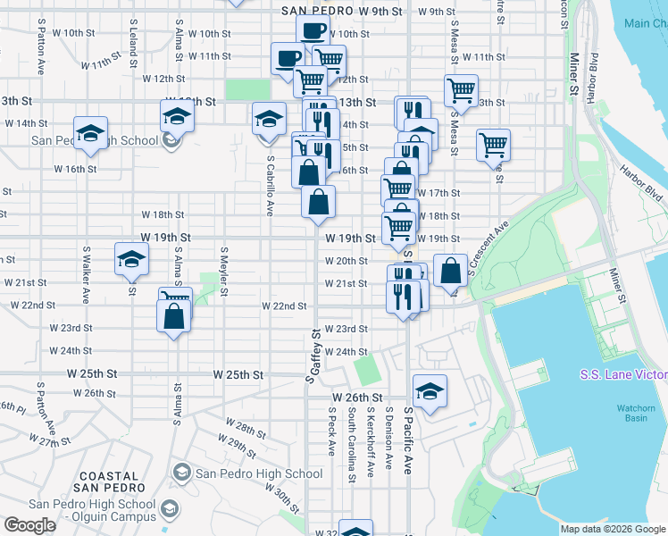 map of restaurants, bars, coffee shops, grocery stores, and more near 659 West 20th Street in San Pedro