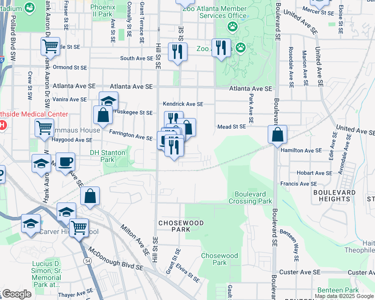 map of restaurants, bars, coffee shops, grocery stores, and more near 1040 Grant Street Southeast in Atlanta