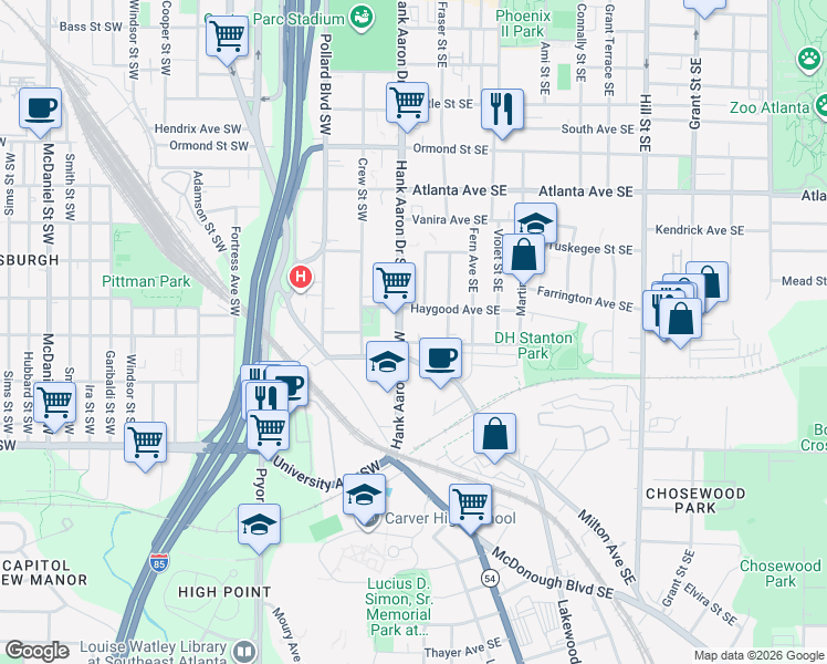 map of restaurants, bars, coffee shops, grocery stores, and more near 1056 Hank Aaron Drive Southwest in Atlanta
