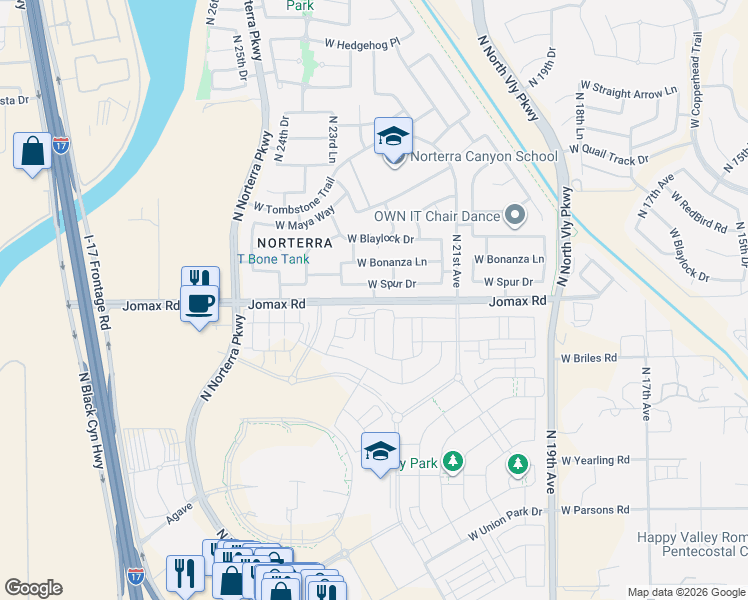 map of restaurants, bars, coffee shops, grocery stores, and more near 2307 West Spur Drive in Phoenix
