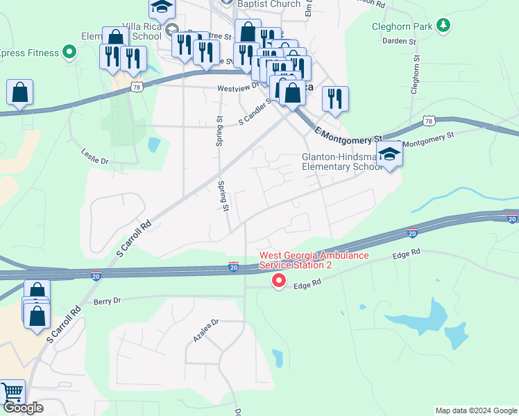 map of restaurants, bars, coffee shops, grocery stores, and more near 351 Thomas Dorsey Drive in Villa Rica