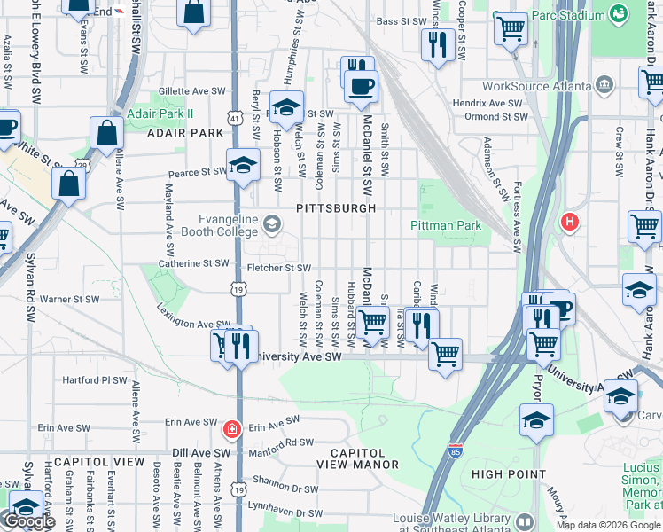 map of restaurants, bars, coffee shops, grocery stores, and more near 1059 Sims Street Southwest in Atlanta