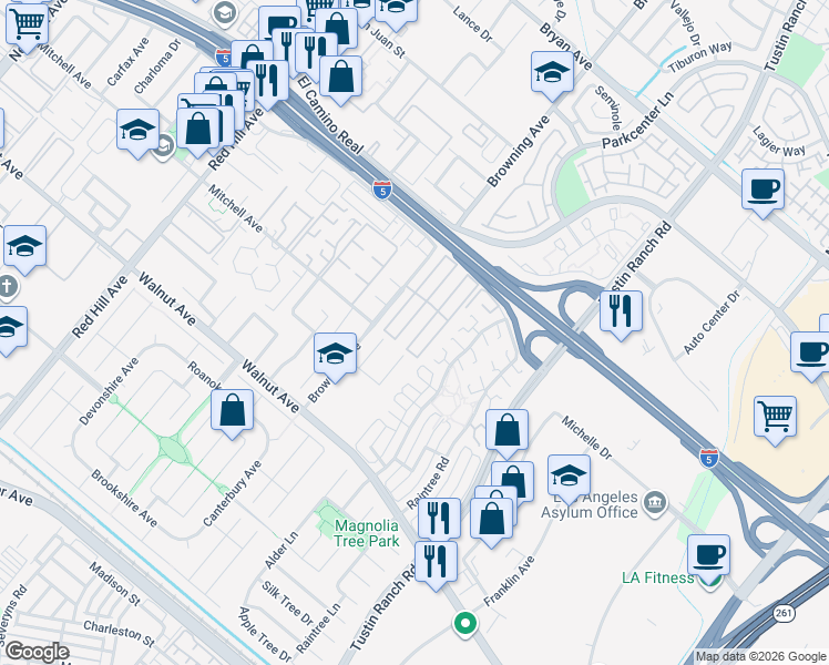 map of restaurants, bars, coffee shops, grocery stores, and more near 46 Malaga Street in Tustin