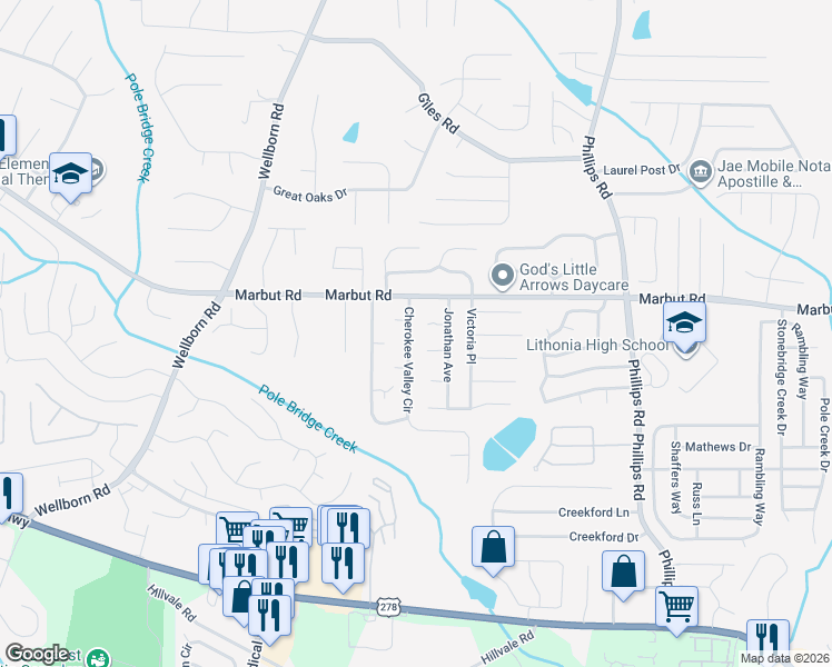 map of restaurants, bars, coffee shops, grocery stores, and more near 2331 Cherokee Valley Cir in Lithonia