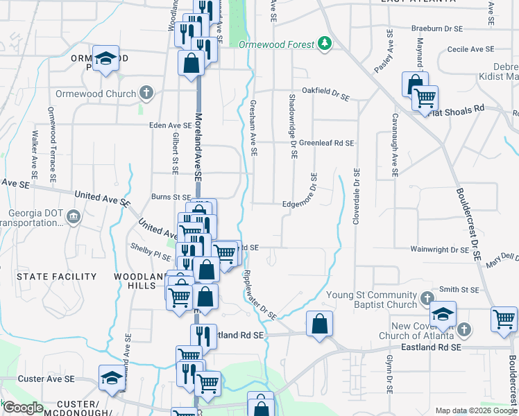 map of restaurants, bars, coffee shops, grocery stores, and more near 2274 Edgemore Drive Southeast in Atlanta