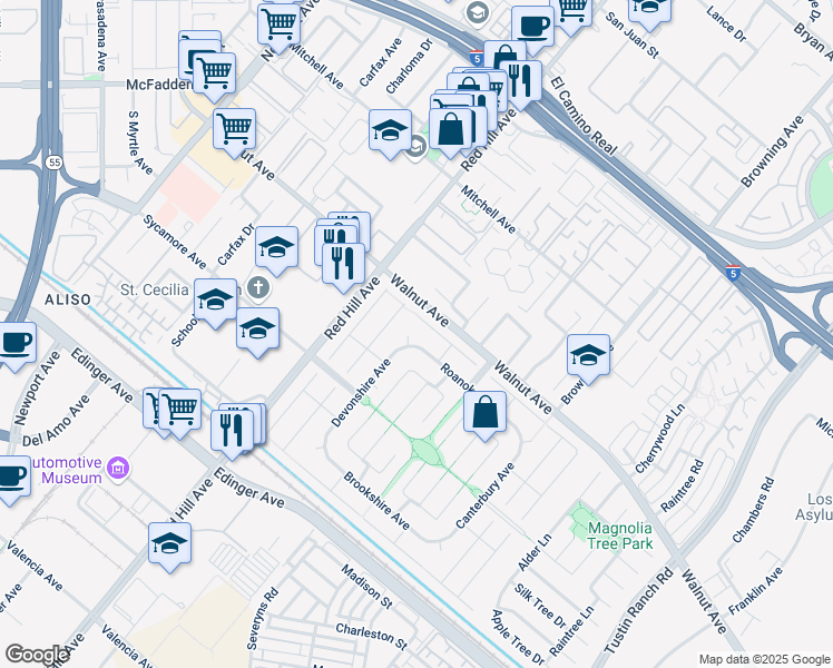 map of restaurants, bars, coffee shops, grocery stores, and more near 1641 Amherst Road in Tustin