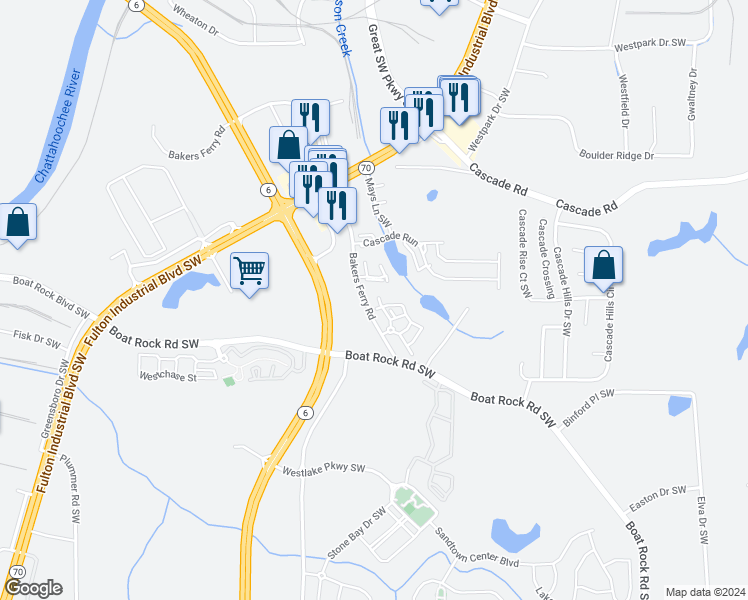 map of restaurants, bars, coffee shops, grocery stores, and more near 6030 Bakers Ferry Road in Atlanta