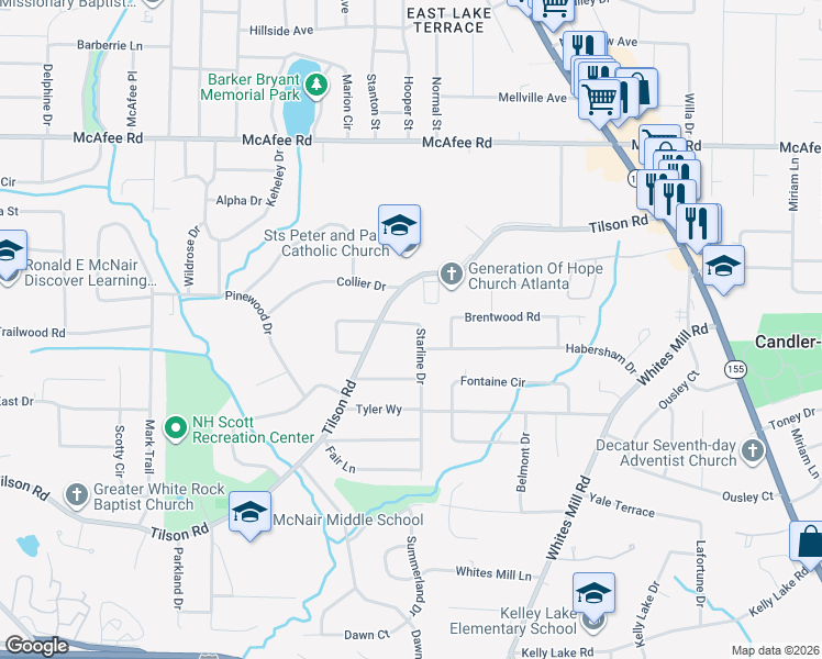 map of restaurants, bars, coffee shops, grocery stores, and more near 2181 Starline Drive in Decatur