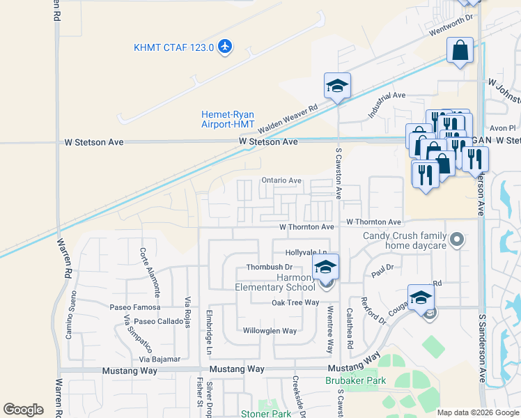 map of restaurants, bars, coffee shops, grocery stores, and more near 1295 South Cawston Avenue in Hemet