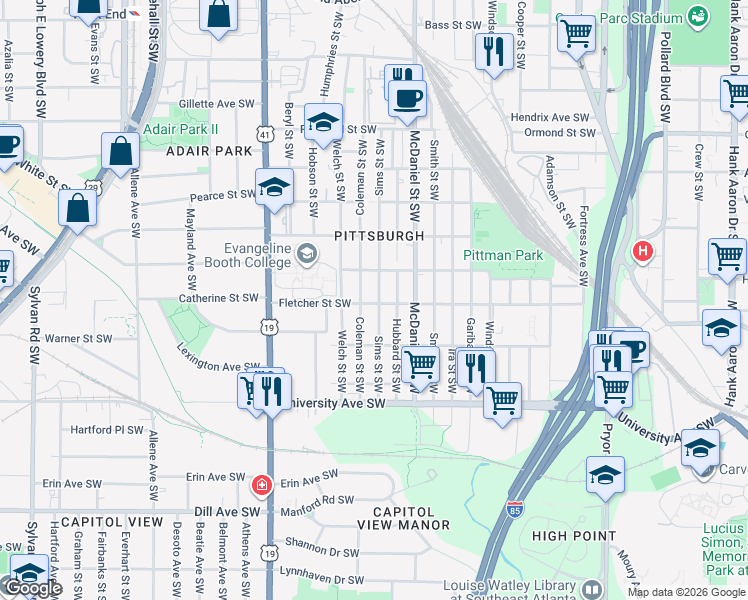 map of restaurants, bars, coffee shops, grocery stores, and more near 1059 Sims Street Southwest in Atlanta