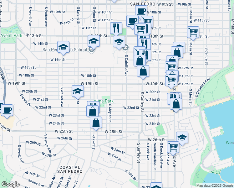 map of restaurants, bars, coffee shops, grocery stores, and more near 855 West 20th Street in Los Angeles