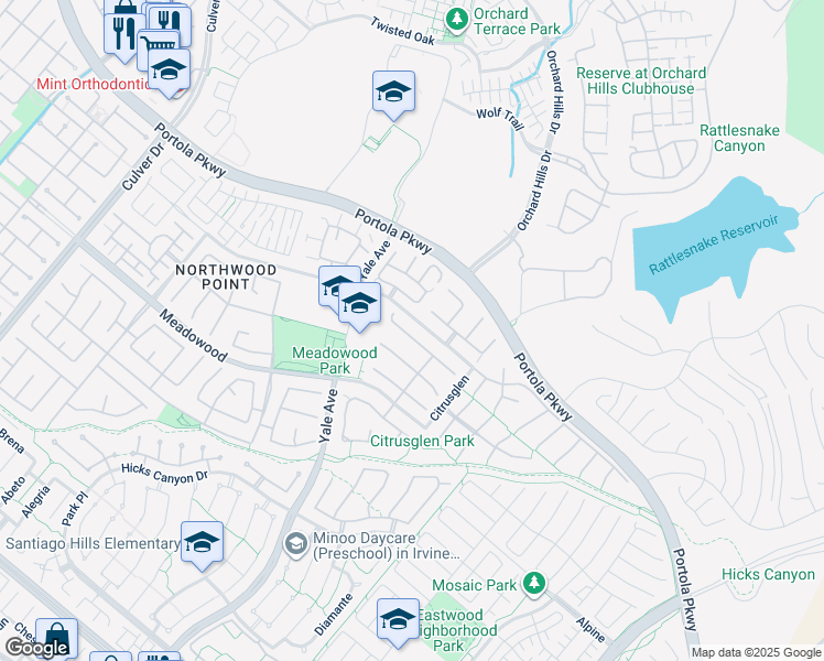 map of restaurants, bars, coffee shops, grocery stores, and more near 19 Plumeria in Irvine