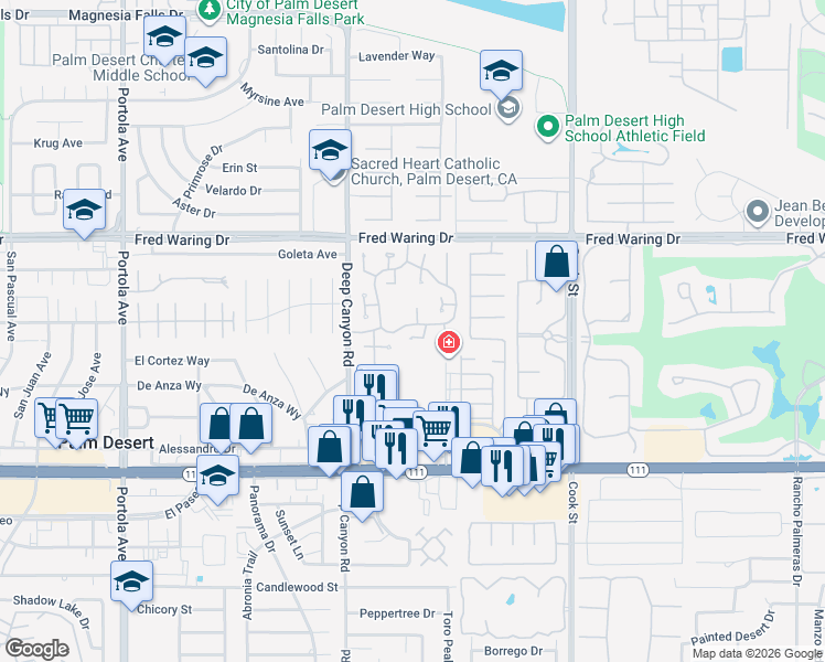 map of restaurants, bars, coffee shops, grocery stores, and more near 44389 Baden Court in Palm Desert