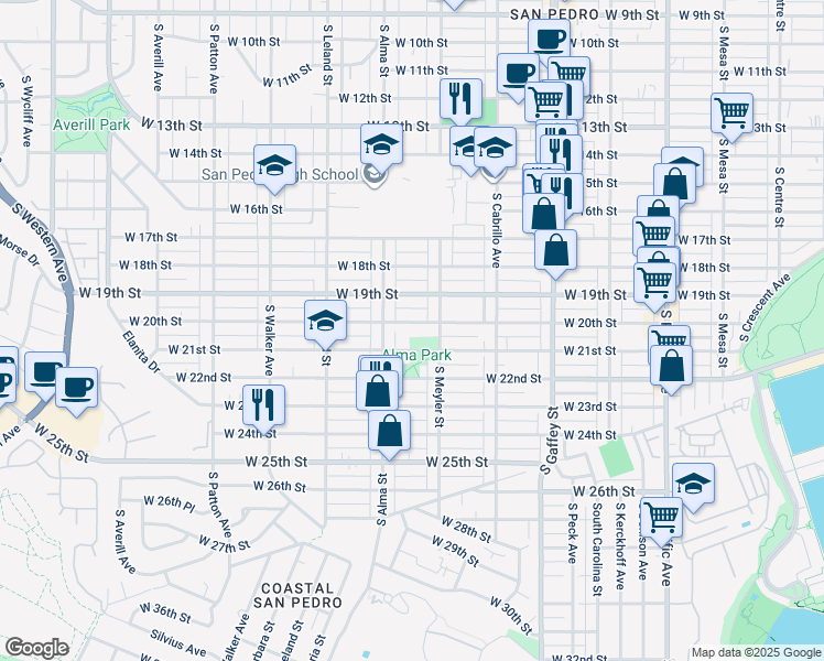 map of restaurants, bars, coffee shops, grocery stores, and more near 947 West 20th Street in Los Angeles