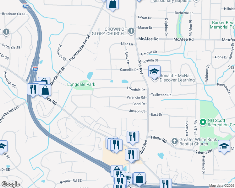 map of restaurants, bars, coffee shops, grocery stores, and more near 1910 Valencia Road in Decatur