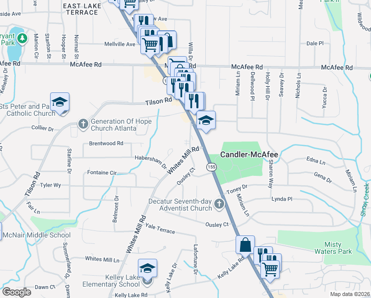 map of restaurants, bars, coffee shops, grocery stores, and more near 2077 Whites Mill Road in Decatur
