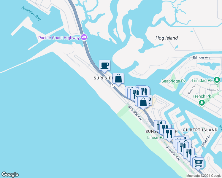 map of restaurants, bars, coffee shops, grocery stores, and more near 35 Surfside Avenue in Seal Beach