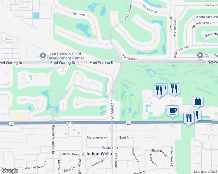 map of restaurants, bars, coffee shops, grocery stores, and more near 44822 Oro Grande Circle in Indian Wells