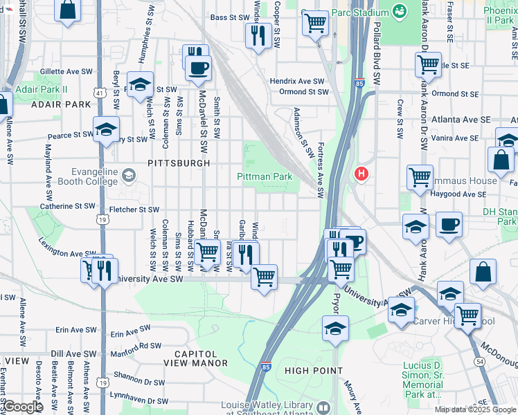 map of restaurants, bars, coffee shops, grocery stores, and more near 309 Fletcher Street Southwest in Atlanta