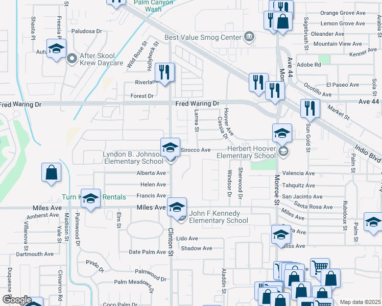 map of restaurants, bars, coffee shops, grocery stores, and more near 81679 Sirocco Avenue in Indio