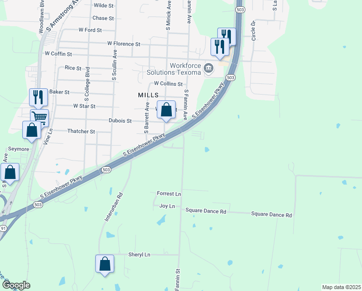 map of restaurants, bars, coffee shops, grocery stores, and more near 501 Amsden Street in Denison