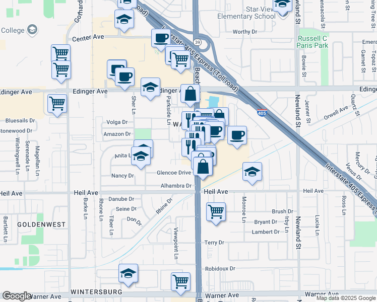 map of restaurants, bars, coffee shops, grocery stores, and more near 16301 Beach Boulevard in Huntington Beach