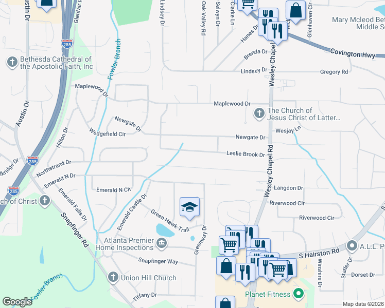 map of restaurants, bars, coffee shops, grocery stores, and more near 2244 Leslie Brook Drive in Decatur