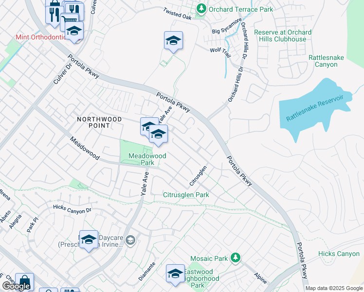 map of restaurants, bars, coffee shops, grocery stores, and more near 19 Plumeria in Irvine