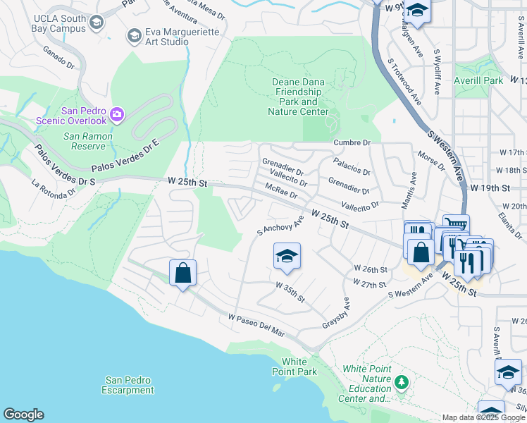 map of restaurants, bars, coffee shops, grocery stores, and more near 2161 West 25th Street in Los Angeles