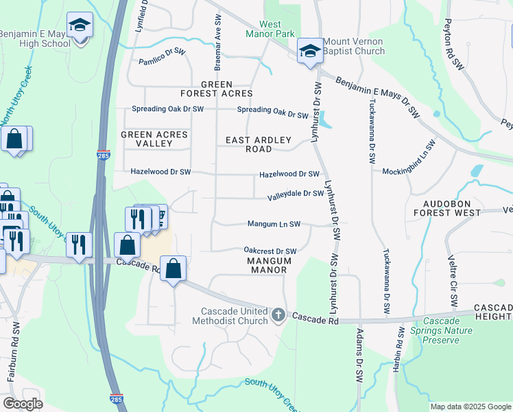 map of restaurants, bars, coffee shops, grocery stores, and more near 3216 Valleydale Drive Southwest in Atlanta